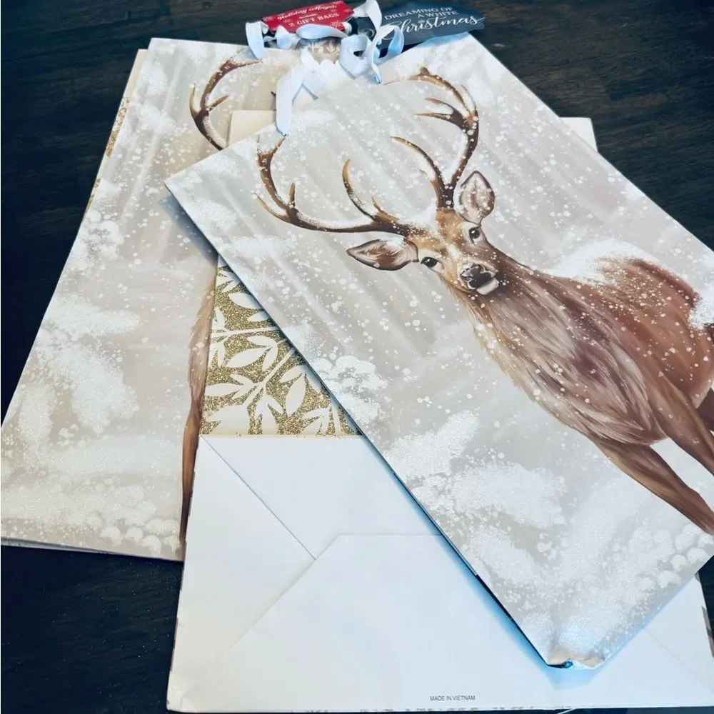 Holiday Deer Snowflakes Glitter Christmas Large Gift Bags Set